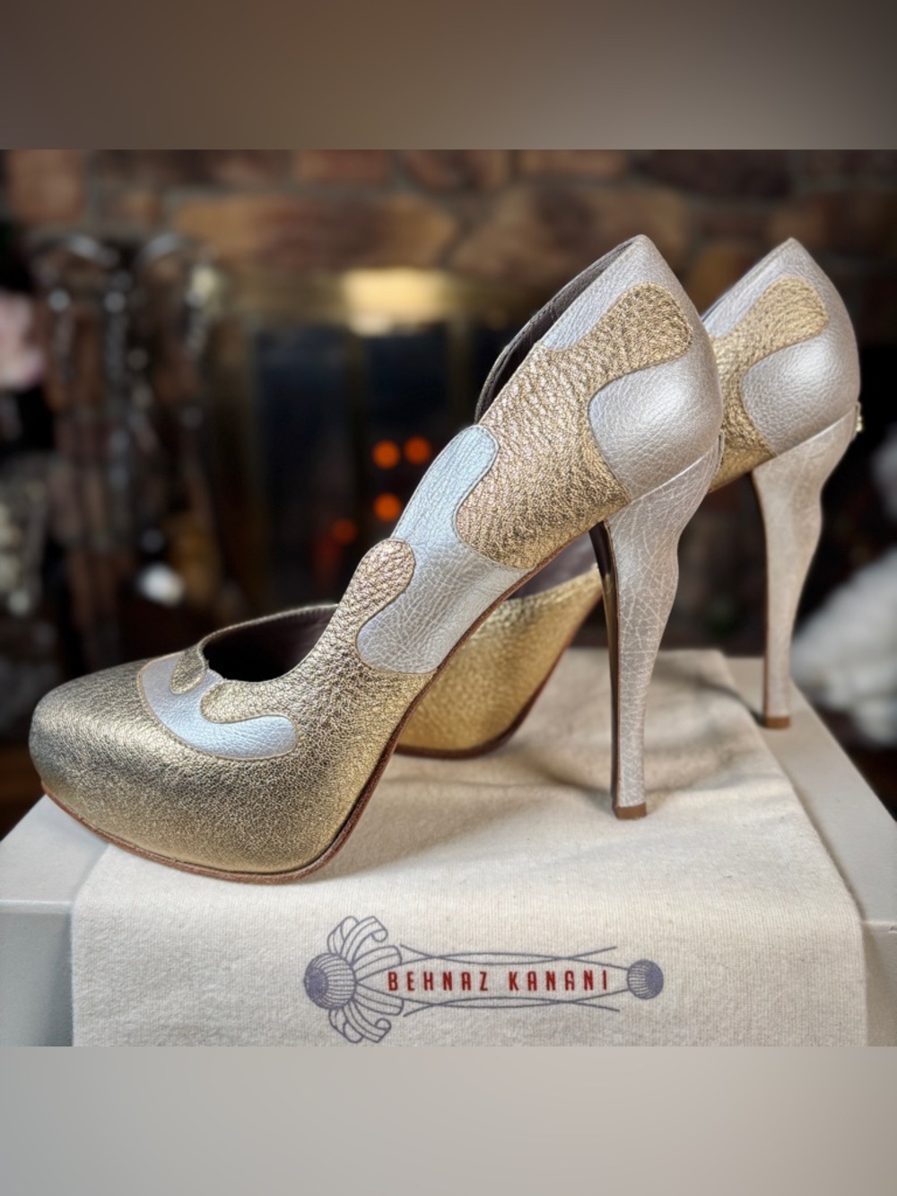 Behnaz Kanani Gold & Pearl Wood & Leather RARE Oceana 120mm Pumps, Sz 40/9.5